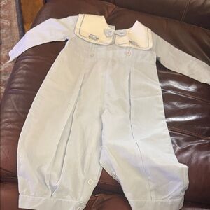 Carriage Boutique Pale Blue Long-Sleeve Baby Romper with White Collar